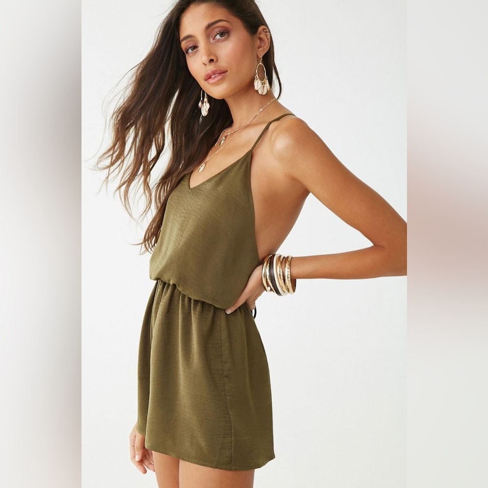 Satin Lace-Up V-Neck Romper